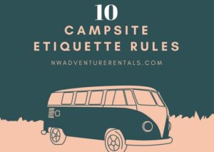 Illustration of a vintage camper van under campsite etiquette title banner. Description: A minimalist retro-style image featuring a camper van and the text “10 Campsite Etiquette Rules,” representing responsible camping and travel culture.