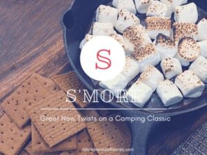 Toasted marshmallows in a cast iron pan with graham crackers on the side.